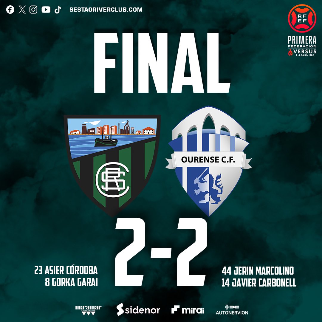 SestaoRC's tweet photo. 90+4’ |2-2|

🏁 ¡Final en Las Llanas!

➕ ¡Reparto de puntos en un partido intenso en el que buscamos la victoria hasta el final!

#SestaoRiverOurense | #GoazenRiver https://t.co/2AyEP7rWp2