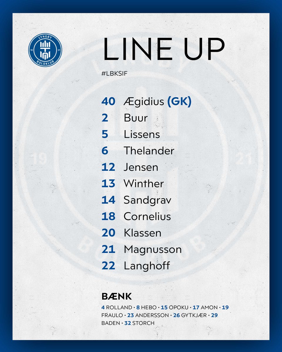 Superligaen's tweet photo. Startopstilling Lyngby Boldklub

#SLDK #LBKSIF #ditholdvoresliga https://t.co/3ZsaakF9Bl