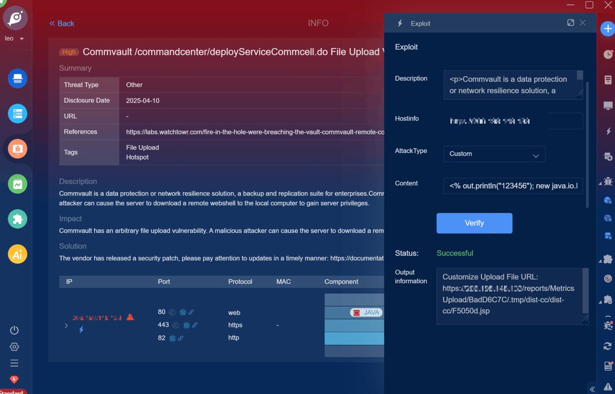 GobySec's tweet photo. 🚨CVE-2025-32432 : Commvault File Upload Vulnerability. Goby has completed command execution and rebound shell reproduction.
Use the effect as shown in the demonstration.👇
🔗Download Link: https://t.co/6h35NysxDN https://t.co/vHTof6o3g2