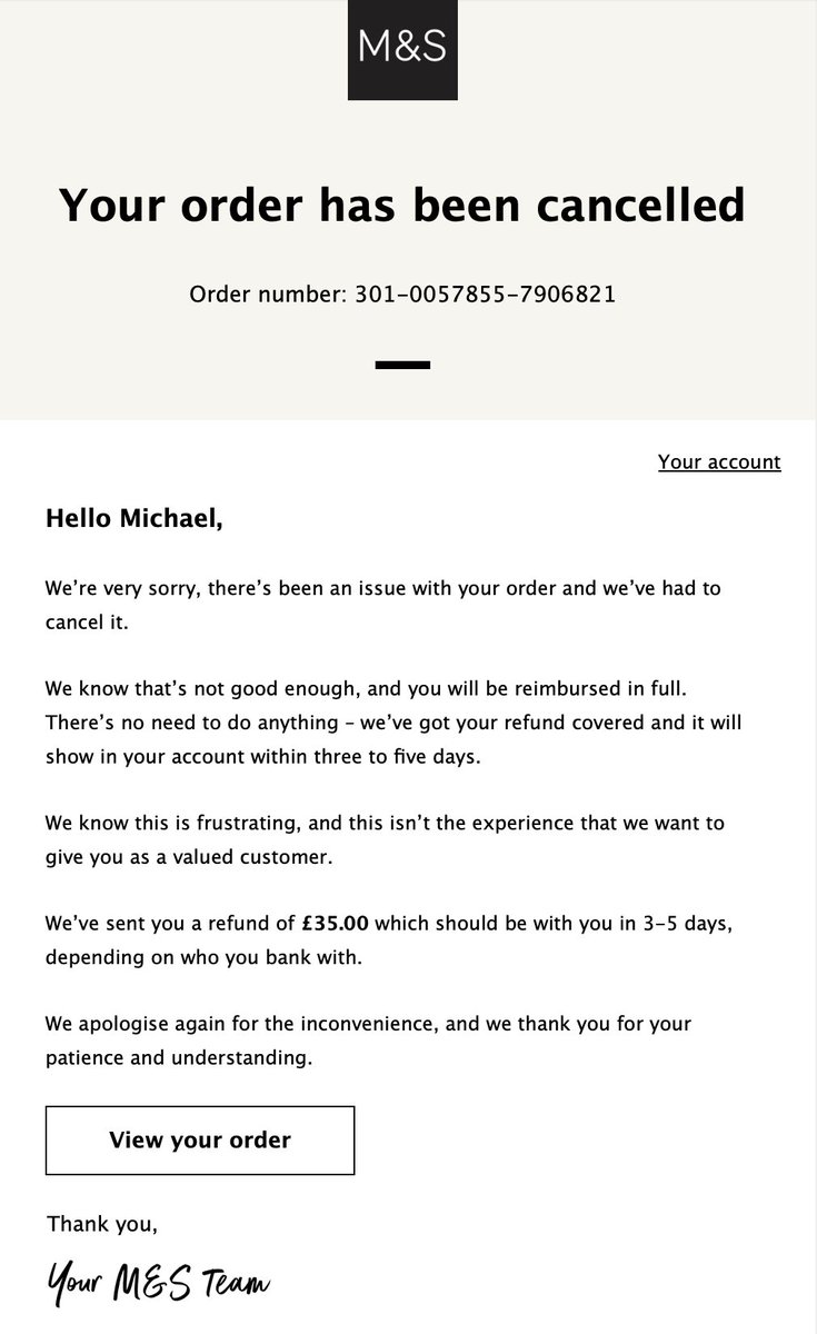 michael1952's tweet photo. @marksandspencer  To be clear “issue”was not mine. It was entirely yours. You cancelled the order, not me. You failed to deliver, not me. I would appreciate it if you were direct &amp;  honest about where the responsibility lies, rather than being disingenuous.I expect better  #Fail https://t.co/50Oa9Dikxt