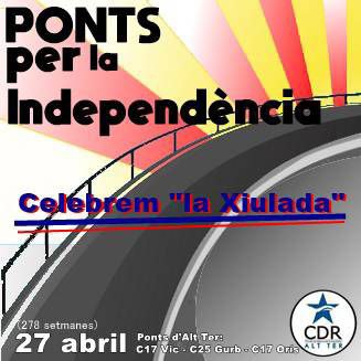 🔴 278✊Seguim una setmana més. #PONTSperLaINDEPENDÈNCIA

PERSISTIM i PERSEVEREM en la lluita per la LLIBERTAT de CATALUNYA.
Fem visible que no normalitzem l'ocupació i que seguim lluitant per la #independència!
#NoEnsFareuMaiEspanyols

Ponts
📍#ORÍS: C17
📍#GURB: C25
📍#VIC: C17