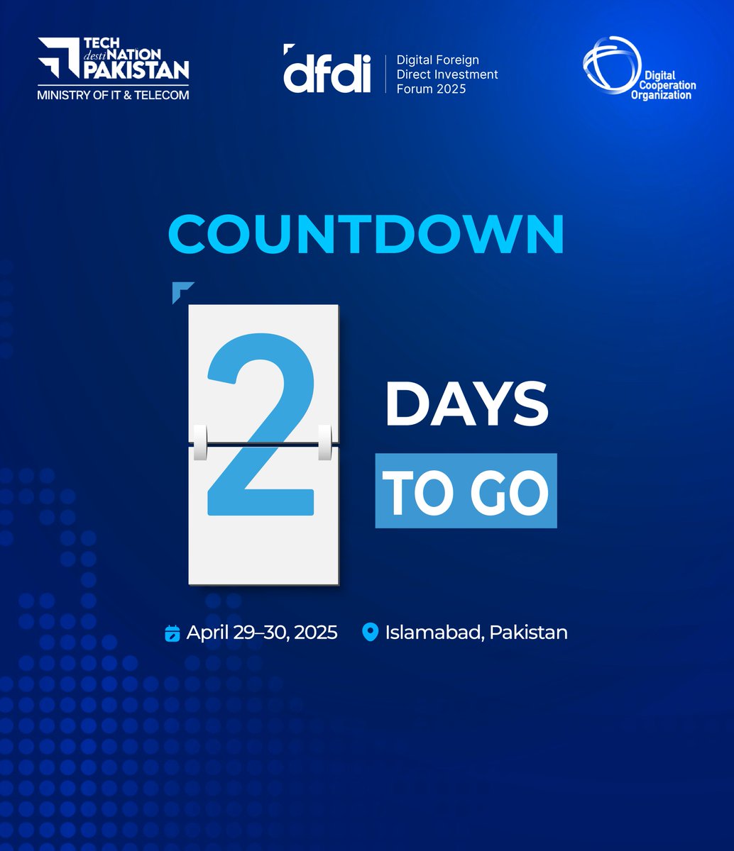 dcorg's tweet photo. 2 Days to Go!
Here’s why the #DFDIForum matters for Pakistan’s digital future:
1️⃣ Unlocks access to a $34.9B digital economy opportunity
2️⃣ Showcases investor-ready reforms and innovation ecosystems
3️⃣ Connects global investors with local digital leaders and startups
4️⃣ Launches the DFDI Publication with actionable insights and policy directions
5️⃣ Positions Pakistan as a rising hub for digital-first foreign investment
📍: Islamabad, Pakistan
🗓️: 29-30 April
🔗: https://t.co/QEoI0SUOpA
#DFDI2025 #PakistanDFDI2025 #DigitalProsperity4All