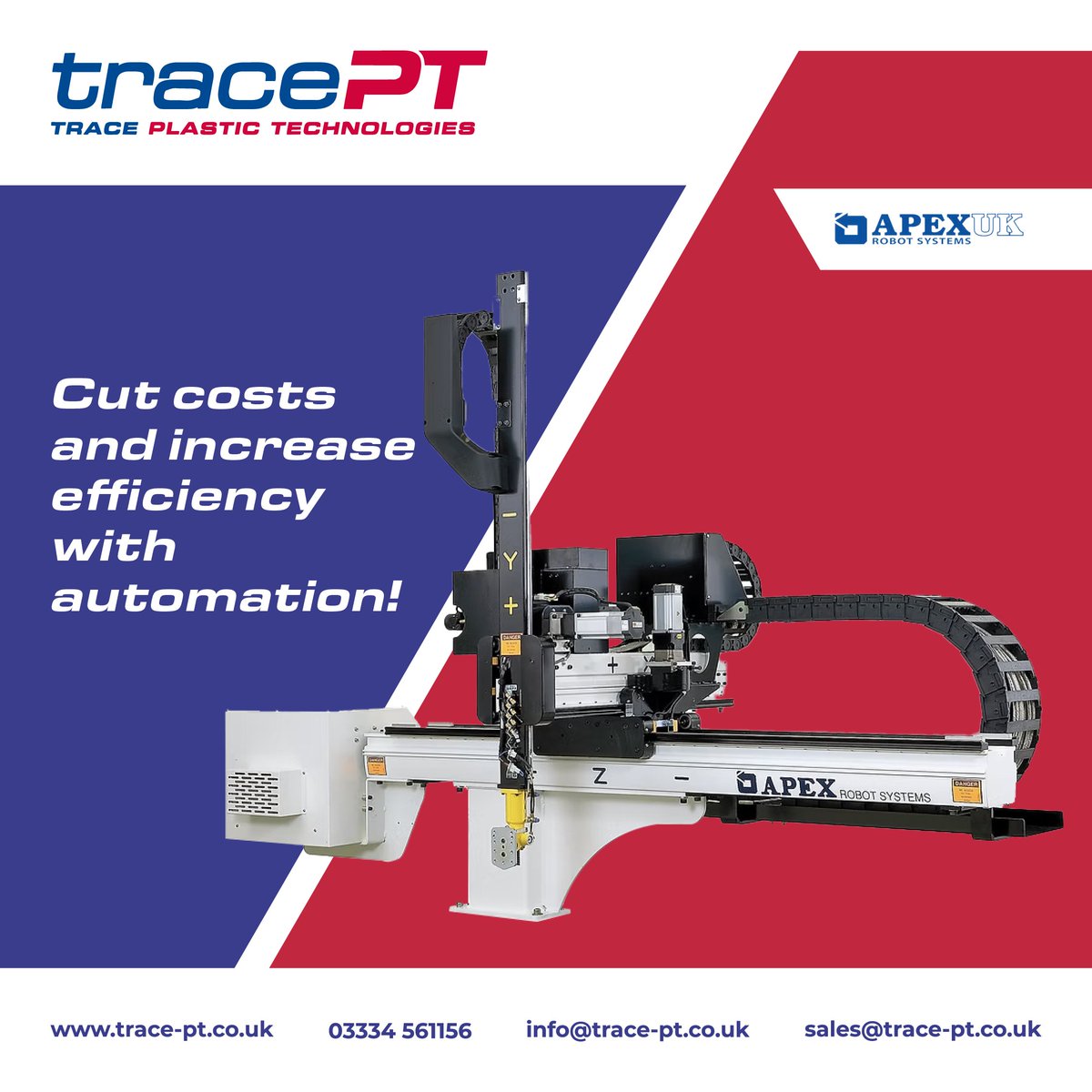 TracePT_UK's tweet image. 🤖 Cut costs and increase efficiency with automation!
Apex Robotics offers smart, integrated robotic solutions designed for plastics manufacturing.
Let Trace PT help you implement automation today.
trace-pt.co.uk
#AutomatedManufacturing #RoboticsTech…