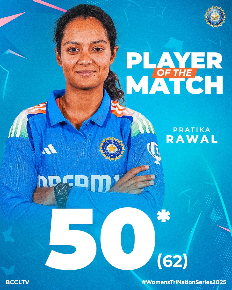 For anchoring the chase with an unbeaten 50, Pratika Rawal is the Player of the Match 👏

Scoreboard ▶️ bit.ly/SLWvINDW-Tri_S…

#TeamIndia | #WomensTriNationSeries2025 | #SLvIND