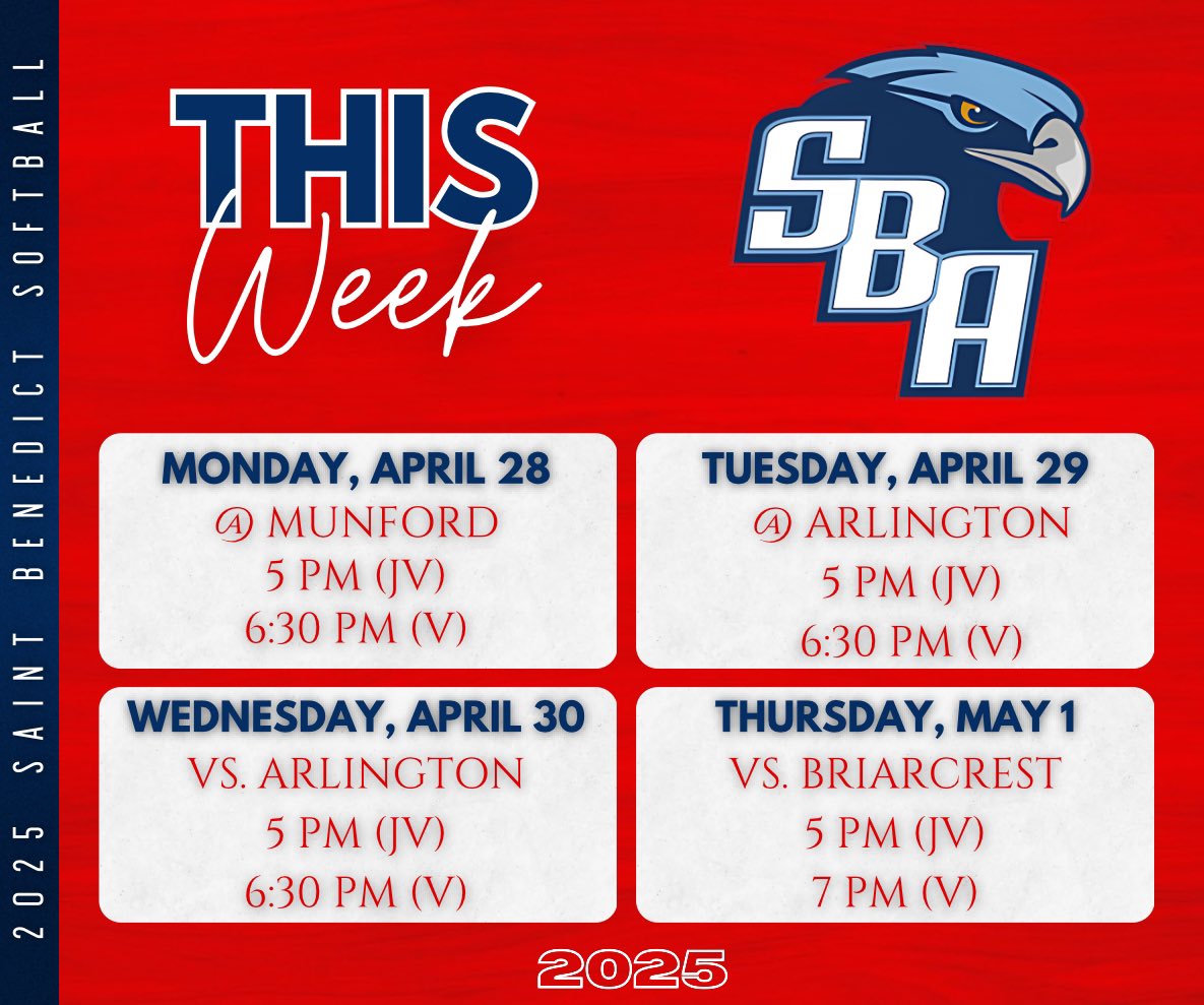 SBA Softball (@sbasoftball1) on Twitter photo Buckle up! It’s going to be a busy week! Join us on the road Monday and Tuesday and then back home Wednesday and Thursday (senior night) to close out the regular season! <a href="/johnvarlas/">John Varlas</a> <a href="/memphispreps/">CA Prep Sports</a> <a href="/wendellsjr_/">Wendell Shepherd</a> <a href="/athleticsSBA/">St. Benedict Athletics</a> Buckle up! It’s going to be a busy week! Join us on the road Monday and Tuesday and then back home Wednesday and Thursday (senior night) to close out the regular season! <a href="/johnvarlas/">John Varlas</a> <a href="/memphispreps/">CA Prep Sports</a> <a href="/wendellsjr_/">Wendell Shepherd</a> <a href="/athleticsSBA/">St. Benedict Athletics</a>