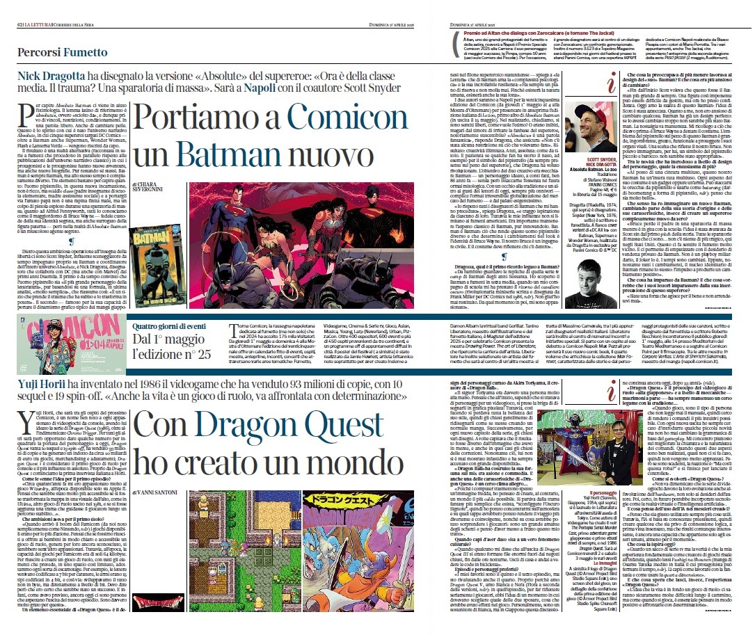 Fumo di China (@fumodichina) on Twitter photo Questa settimana su <a href="/La_Lettura/">la_lettura</a> n.700 (da oggi con il <a href="/Corriere/">Corriere della Sera</a>), due belle interviste per il @ComiconItalia di Napoli: di @ChSever a @Dragotta_Nick sul suo #AbsoluteBatman e di @VanniSantoni a <a href="/YujiHorii/">堀井雄二</a> ovviamente su #DragonQuest!❤️ Questa settimana su <a href="/La_Lettura/">la_lettura</a> n.700 (da oggi con il <a href="/Corriere/">Corriere della Sera</a>), due belle interviste per il @ComiconItalia di Napoli: di @ChSever a @Dragotta_Nick sul suo #AbsoluteBatman e di @VanniSantoni a <a href="/YujiHorii/">堀井雄二</a> ovviamente su #DragonQuest!❤️