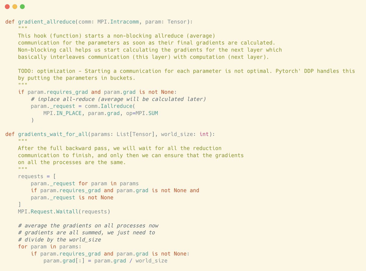 mrsiipa's tweet image. understanding DDP is easy: these two functions are technically all you need to implement Distributed Data Parallel (DDP) model similar to PyTorch, from scratch.