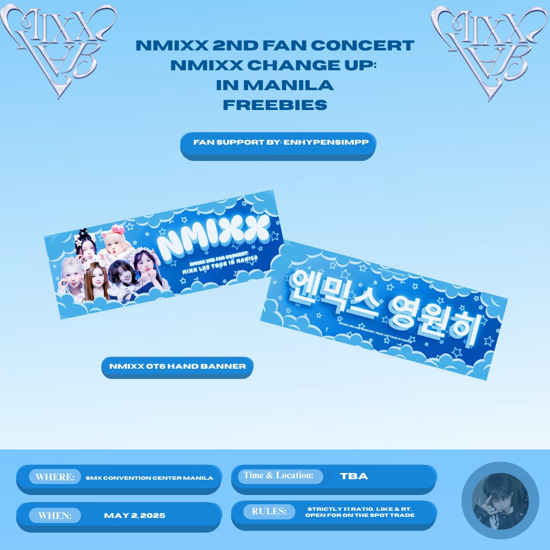 enhypensimpp's tweet photo. #MIXX_LAB_MANILA – FREEBIES~ ♡

Fan Support by: @enhypensimpp 

♡ NMIXX OT6 HAND BANNER ♡

like &amp; rt
strictly 1:1
limited quantity 
open for trade (on the spot)

time: tba
location: around moa or smx 

see ya'll on MAY 2! 🫶🏻

#NMIXX #엔믹스
#MIXX_LAB
#MIXX_LAB_TOUR https://t.co/cxwafoPZU9