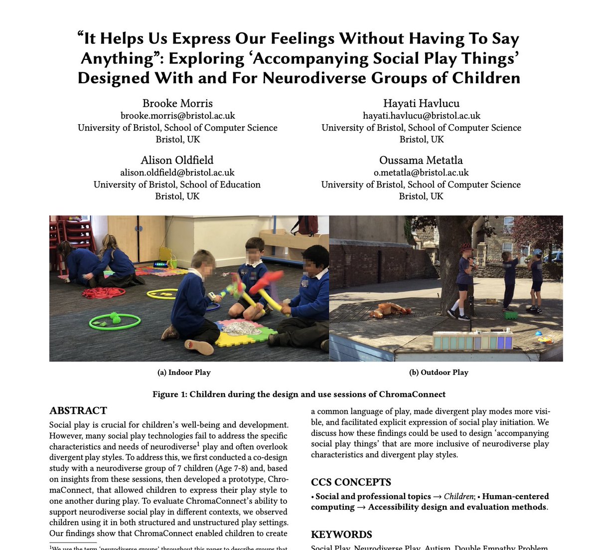 ousmet's tweet photo. Mon 28th our Best Paper Award lead by
@brookemorris_  "It Helps Us Express Our Feelings Without Having To Say Anything": Exploring Accompanying Social Play Things Designed With and For Neurodiverse Groups of Children  

Neurological Considerations 
12:22 
G414+G415 https://t.co/orrLmERD0B