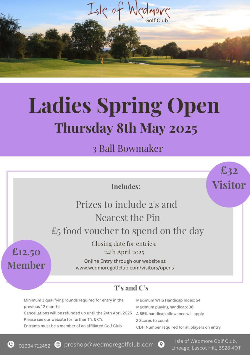 Last chance to enter our Ladies Spring Open on Thursday 8th May🌸2 tee times remaining at 9:30am and 13:38 with a fabulous field of 90 ladies 🌞⛳️ Enter via the link in our bio🔗 or give the Pro Shop a call for more information/assistance 😃