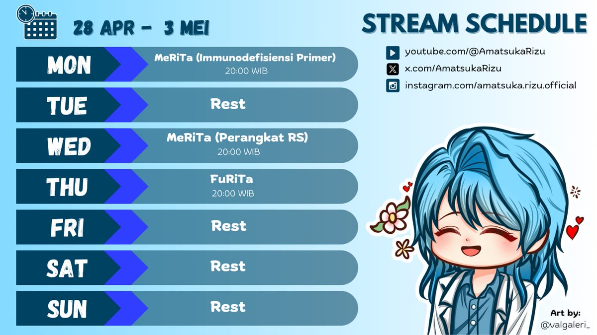 AmatsukaRizu's tweet photo. JADWALNYA YA GUYS (28 April - 3 Mei 2025)
Hashtag for Amatsuka Rizu
Art: #Amatsukart
Nsfw: #Dangerizz
Clips: #Clipinzu
Schedule: #RiZched
Education:#HealthRizz
Gaming: #Riplay
Shorts: #Rishorts
Livestream: #RiLive
Fans name: Amoreizu
Join server discord: https://t.co/d7Gkfz7SJz https://t.co/VJO5N30g6t