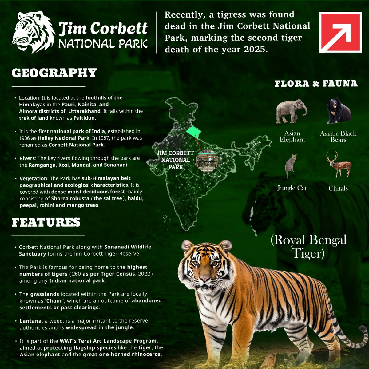 ForumIAS's tweet photo. National Park
Today's topic: Jim Corbett National park 
#forumias #ias #upscprelims2025 #placesinnews #viral #viralpost #ig #instadaily #instagram #nationalpark #elephant #chitals #junglecats #jimcorbett https://t.co/GLG7FrzBMs