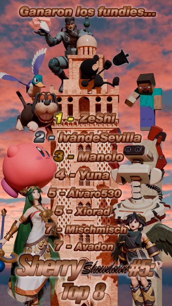 Smash Cádiz (@smashcadiz) on Twitter photo ¡Aquí está el top 8 de nuestro último mensual el Sherry Showdown #5 donde parece que esta vez los fundies se coronaron!
1. <a href="/Xeon_ZeShi/">ZeShi</a>
2. <a href="/IvanRomeroSSB/">IvándeSevilla</a>
3. <a href="/ManoloBolos/">GP | Manolo🐕🦺</a>
4. <a href="/YunaLaPuffa/">GP | YunaLaPuffa</a>
5. <a href="/530Alvaro/">Álvaro 530</a>
5. Xiorad
7. Mischmisch
7. <a href="/ItsMeAvadon/">Avadon 🕊</a> ¡Aquí está el top 8 de nuestro último mensual el Sherry Showdown #5 donde parece que esta vez los fundies se coronaron!
1. <a href="/Xeon_ZeShi/">ZeShi</a>
2. <a href="/IvanRomeroSSB/">IvándeSevilla</a>
3. <a href="/ManoloBolos/">GP | Manolo🐕🦺</a>
4. <a href="/YunaLaPuffa/">GP | YunaLaPuffa</a>
5. <a href="/530Alvaro/">Álvaro 530</a>
5. Xiorad
7. Mischmisch
7. <a href="/ItsMeAvadon/">Avadon 🕊</a>