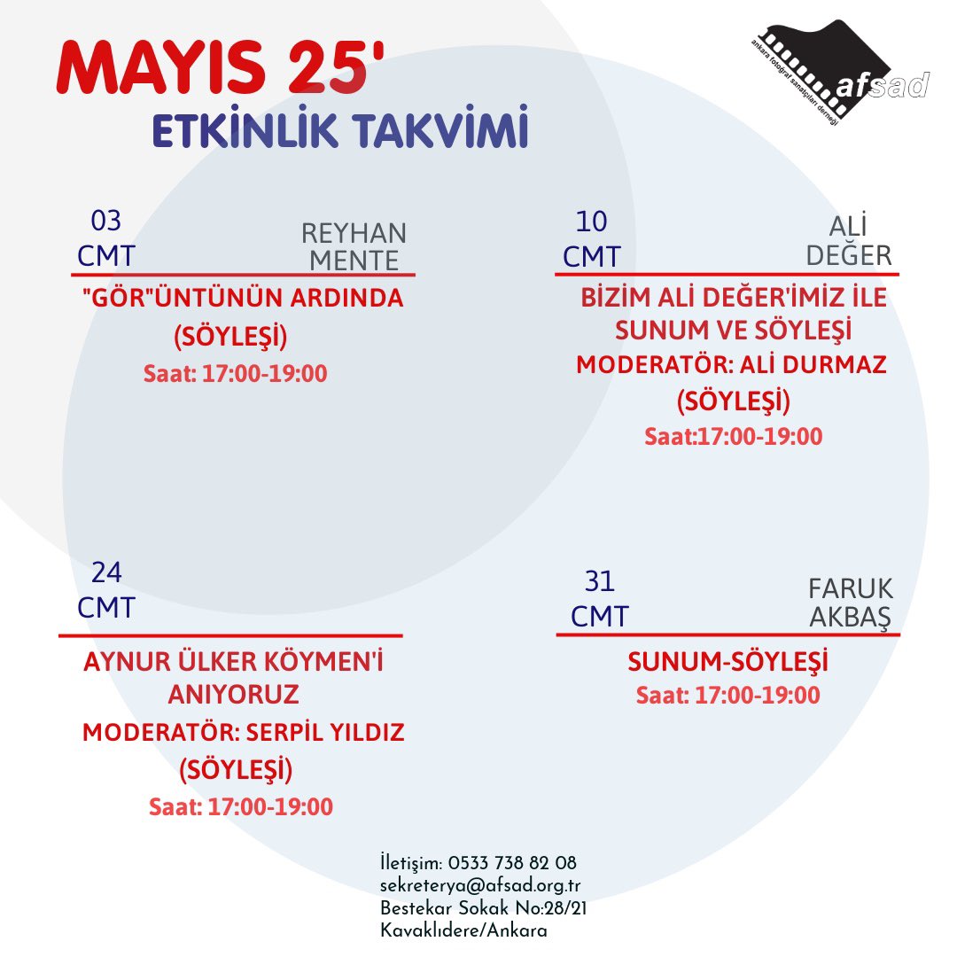 Mayıs 2025
Etkinlik Takvimi

Bilgi için:
sekreterya@afsad.org.tr
0 533 738 82 08

#afsad