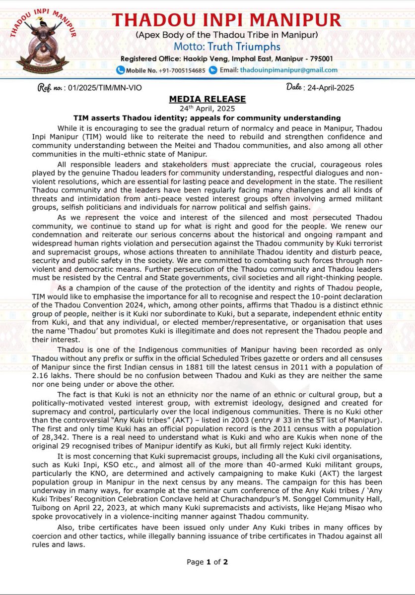 The Thadou Inpi Manipur (TIM) has raised several key issues concerning the challenges of illegal immigration in Manipur &amp; the prevailing unrest which are closely connected. 

While asserting the distinctive identity of the Thadou community as one of the indigenous tribes of