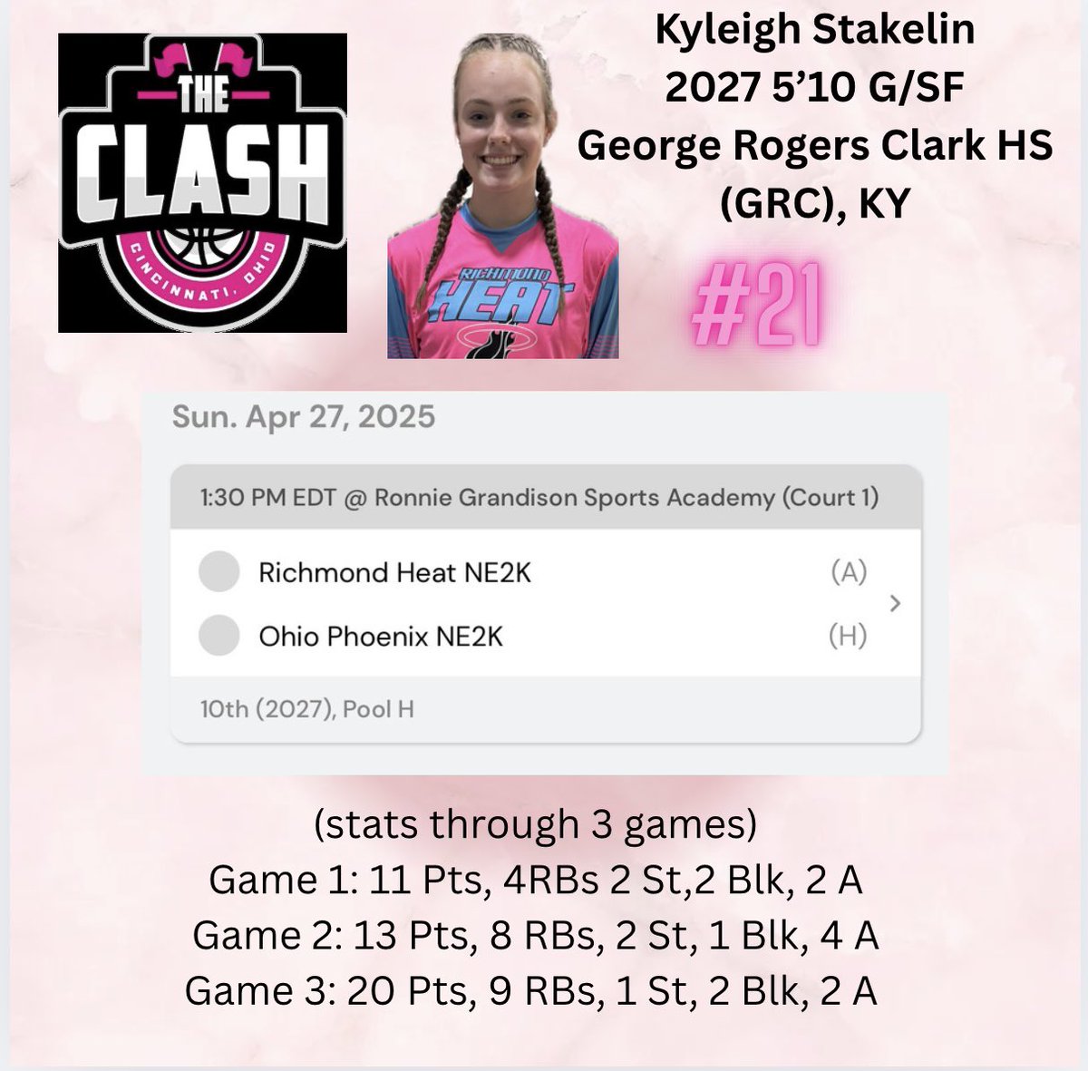 Helecia Hubbard Stakelin (@helecia330) on Twitter photo One more game to go in #TheClash and <a href="/kyleighstakelin/">Kyleigh Stakelin</a> is ready to get this last “W”. <a href="/RichmondHeat1/">RichmondHeat</a> 27’s 3-0 through 1st 2 days. Finish strong ladies! 💪🏻🏀 Thank you, <a href="/CoachRDG/">Robbie Graham</a> for swinging by yesterday to support.
<a href="/grc_hoops/">GRC Hoops</a> <a href="/riseupsports1/">Rise Up Sports Media</a> <a href="/PGHKentucky/">Prep Girls Hoops Kentucky</a> One more game to go in #TheClash and <a href="/kyleighstakelin/">Kyleigh Stakelin</a> is ready to get this last “W”. <a href="/RichmondHeat1/">RichmondHeat</a> 27’s 3-0 through 1st 2 days. Finish strong ladies! 💪🏻🏀 Thank you, <a href="/CoachRDG/">Robbie Graham</a> for swinging by yesterday to support.
<a href="/grc_hoops/">GRC Hoops</a> <a href="/riseupsports1/">Rise Up Sports Media</a> <a href="/PGHKentucky/">Prep Girls Hoops Kentucky</a>