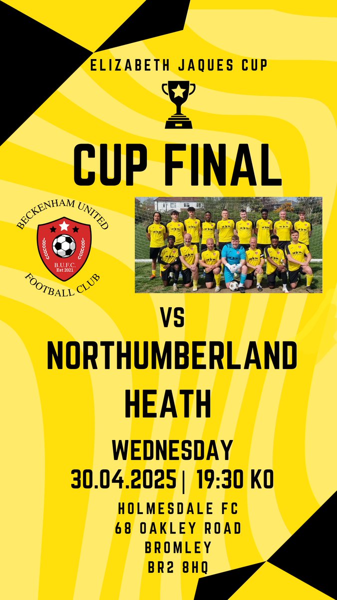 BeckenhamUtd's tweet image. Come and support us in our 1st ever Cup Final in our 1st ever season as a Senior Team. 

Hosted at @HolmesdaleFC and support from our Youth team and our sponsors @threehoundsbeer
This clash with table topping @NorthHeathFC is not to be missed! @BASLFL