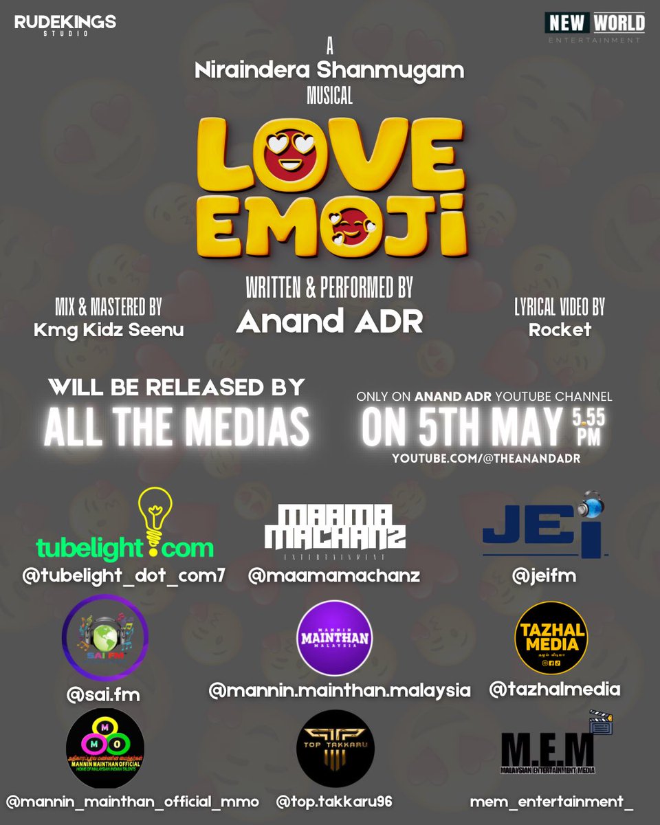 anandadrmusic's tweet photo. We are going even bigger this time 🤩 Yeahhh all the Tamil Media Partners in Malaysia 🇲🇾 are joining hand with us together to launch #LoveEmoji Music Video ❤️‍🔥 Stay Tuned For The Blasttt 💥 https://t.co/o2TiBtHSz4