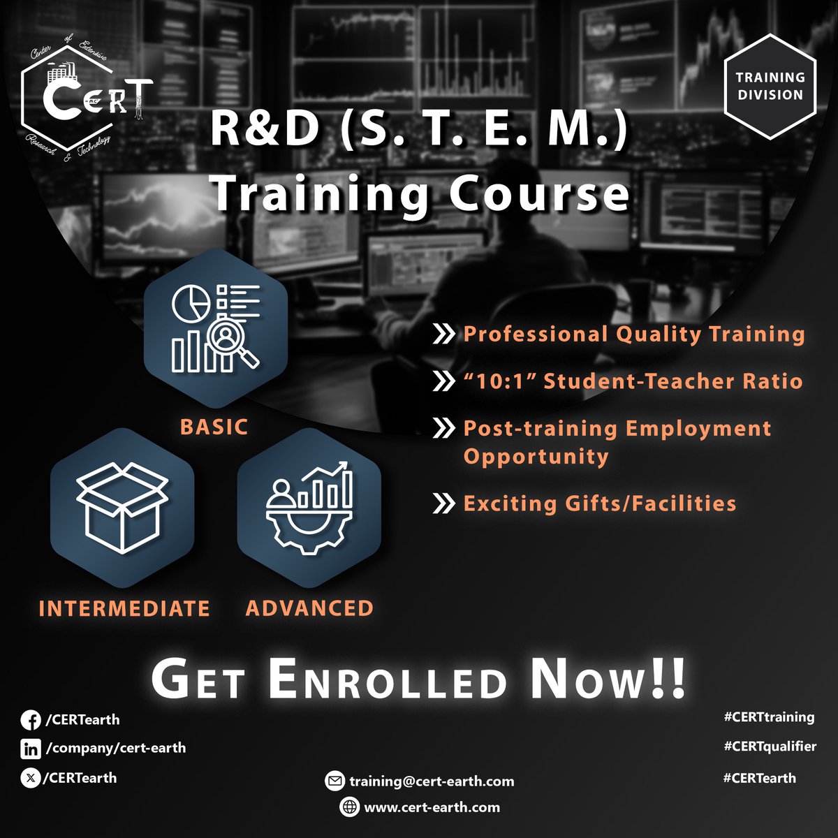 CERTearth's tweet photo. Start your R&D life by getting enrolled in the quality trainings on 𝗥𝗲𝘀𝗲𝗮𝗿𝗰𝗵 𝗮𝗻𝗱 𝗗𝗲𝘃𝗲𝗹𝗼𝗽𝗺𝗲𝗻𝘁 (Science, Technology, Engineering and Mathematics)! 

𝗖𝗘𝗥𝗧 - 𝗧𝗿𝗮𝗶𝗻𝗶𝗻𝗴 𝗗𝗶𝘃𝗶𝘀𝗶𝗼𝗻 maintains Student-Teacher Ratio of 10:1. Employment (relevant to training) is offered to top candidates who secures 90% Benchmark Score at the course-end evaluation of "𝗖𝗘𝗥𝗧𝗾𝘂𝗮𝗹𝗶𝗳𝗶𝗲𝗿". 

𝘽𝙤𝙤𝙠 𝙮𝙤𝙪𝙧 𝙨𝙚𝙖𝙩𝙨 𝙣𝙤𝙬 for below professional trainings with exciting opportunities & facilities! 

☑️ "𝗥&𝗗 (𝗦. 𝗧. 𝗘. 𝗠.) - 𝗕𝗮𝘀𝗶𝗰"
• Training Code: C-T-T-RnD101
• Category: Pre-Professional 
(3 𝘤𝘳𝘦𝘥𝘪𝘵-𝘩𝘰𝘶𝘳𝘴 𝘱𝘦𝘳 𝘸𝘦𝘦𝘬, 6 𝘸𝘦𝘦𝘬𝘴)
(Total 18 credit-hours) 

☑️ "𝗥&𝗗 (𝗦. 𝗧. 𝗘. 𝗠.) - 𝗜𝗻𝘁𝗲𝗿𝗺𝗲𝗱𝗶𝗮𝘁𝗲"
• Training Code: C-T-T-RnD102
• Category: Professional 
(3 𝘤𝘳𝘦𝘥𝘪𝘵-𝘩𝘰𝘶𝘳𝘴 𝘱𝘦𝘳 𝘸𝘦𝘦𝘬, 12 ����𝘦𝘦𝘬𝘴)
(Total 36 credit-hours)
(𝐏𝐫𝐞-𝐫𝐞𝐪𝐮𝐢𝐬𝐢𝐭𝐞: 𝐂-𝐓-𝐓-𝐑𝐧𝐃𝟏𝟎𝟏) 

☑️ "𝗥&𝗗 (𝗦. 𝗧. 𝗘. 𝗠.) - 𝗔𝗱𝘃𝗮𝗻𝗰𝗲𝗱"
• Training Code: C-T-T-RnD103
• Category: Professional 
(3 𝘤𝘳𝘦𝘥𝘪𝘵-𝘩𝘰𝘶𝘳𝘴 𝘱𝘦𝘳 𝘸𝘦𝘦𝘬, 12 𝘸𝘦𝘦𝘬𝘴)
(Total 36 credit-hours)
(𝐏𝐫𝐞-𝐫𝐞𝐪𝐮𝐢𝐬𝐢𝐭𝐞: 𝐂-𝐓-𝐓-𝐑𝐧𝐃𝟏𝟎𝟏) 

Get enrolled before it's too late! 

#CERTtraining 
#CERTrnd
#CERTqualifier 
#CERTearth 

#Quality #Training #RnD 
#Early #Employment #Scope 
#Skill #Development #Opportunity