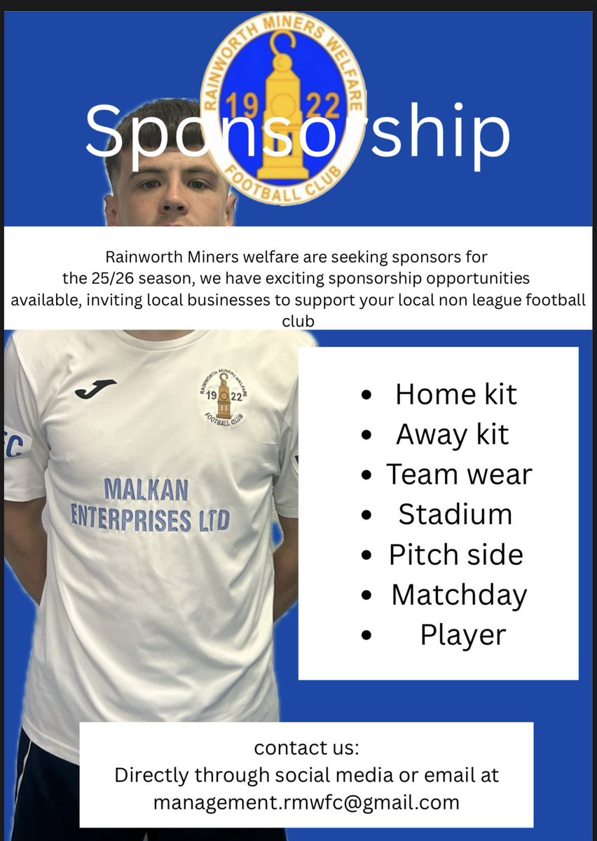 RainworthMWFC's tweet photo. Here’s how you can Help us on and off the pitch as we prepare for the new season
Sponsorship brochure available for all interested parties 
#youwrens https://t.co/NJ36fBSFnq