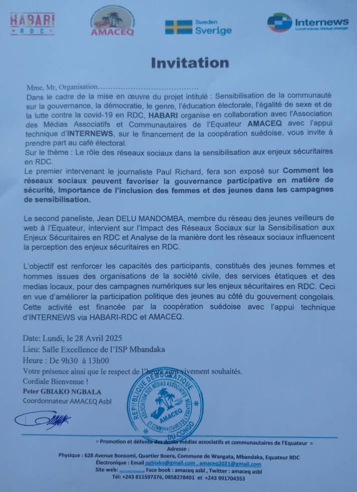 amaceq2000's tweet image. #Mbandaka#Equateur #Suède #Internews #Habari#Amaceq#Café Électorale ce lundi 28 avril 2025 sur le #Rôle des réseaux sociaux dans les enjeux sécuritaires en RDC.Les jeunes femmes,hommes issus des organisations de la société civile et étatiques vont participer.