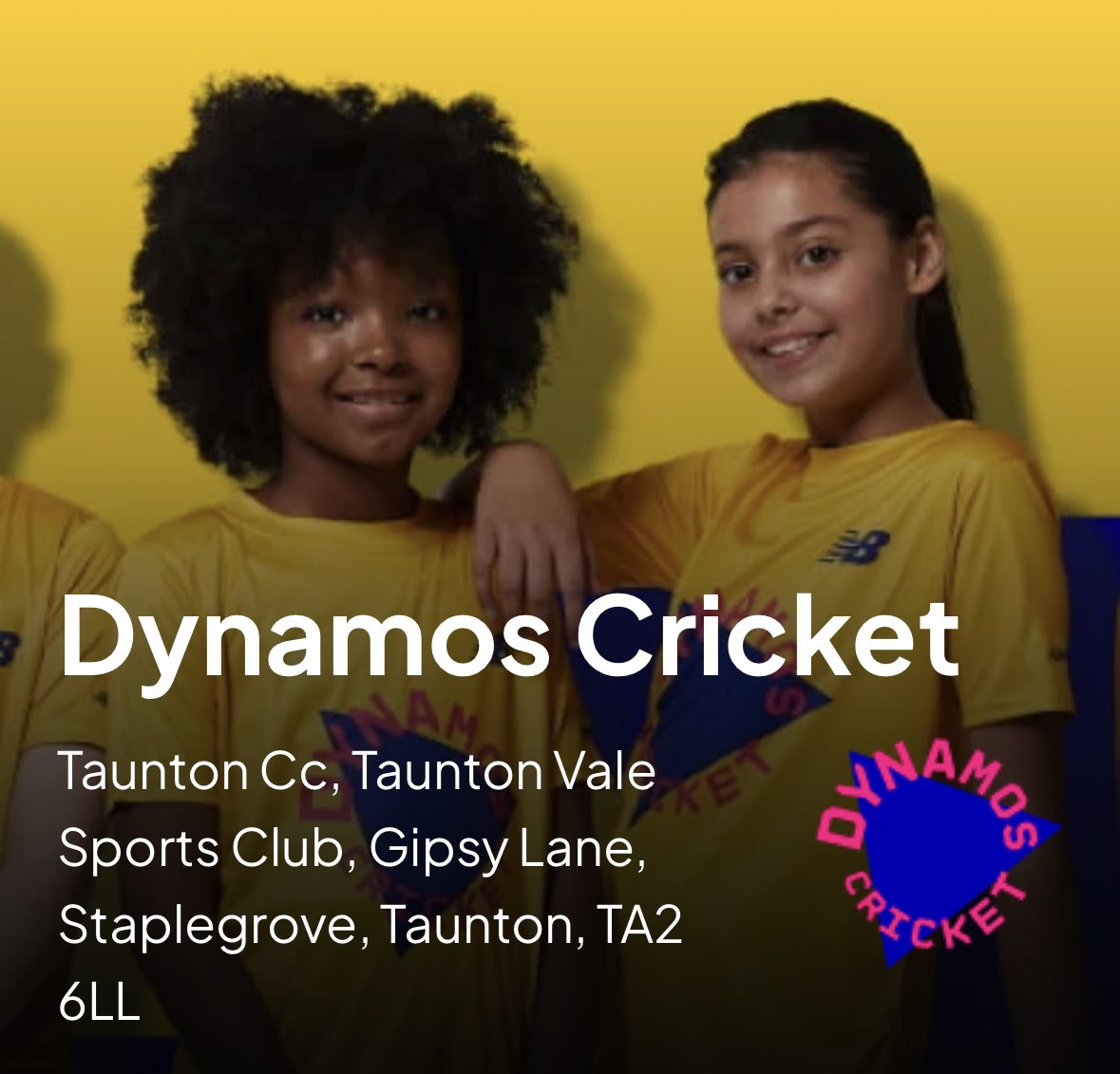 𝐀𝐥𝐥 𝐒𝐭𝐚𝐫𝐬 &amp; 𝐃𝐲𝐧𝐚𝐦𝐨𝐬

Taunton CC have opportunities for children to come along and try cricket starting from 5 years old, boys and girls welcome.

Dynamos: Girls only aged 7-11 Fridays 18:00 - 19:00 ecb.clubspark.uk/Dynamos/taunto…