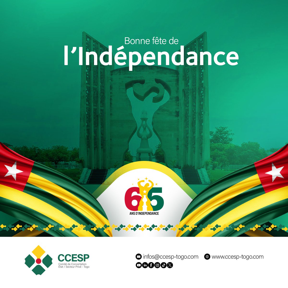 En ce jour de commémoration de l'indépendance de notre pays le Togo, le CCESP TOGO souhaite à tous ses partenaires et à l'ensemble des togolais une belle célébration.

#Denyigban #CCEPSTOGO #ConcertationTg #Togo