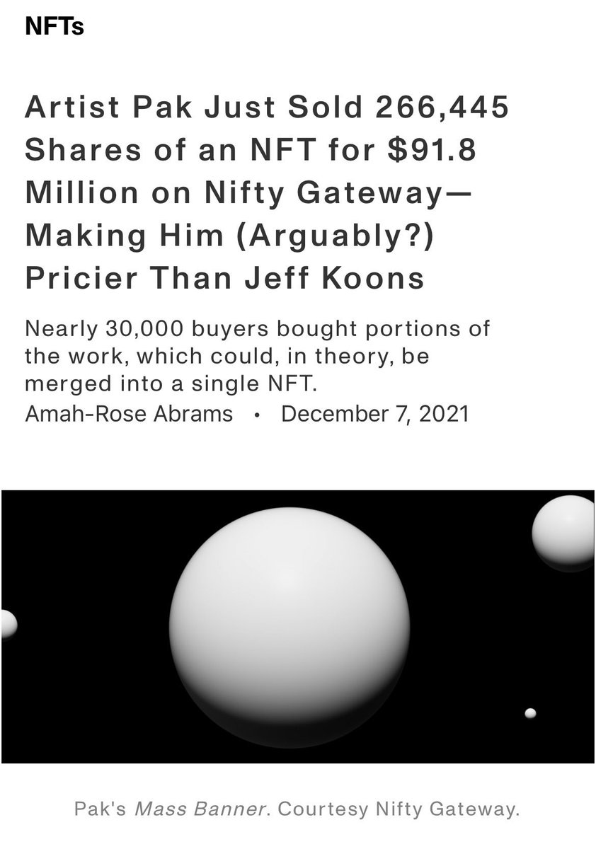Pak also discovered Bitcoin early

But as an artist found success with NFTs in 2021.

In seven months, he made $350K in ETH 

And later sold 250,000 NFTs for $91.8M on Nifty Gateway

Setting a record for a living artist.

(7/11)