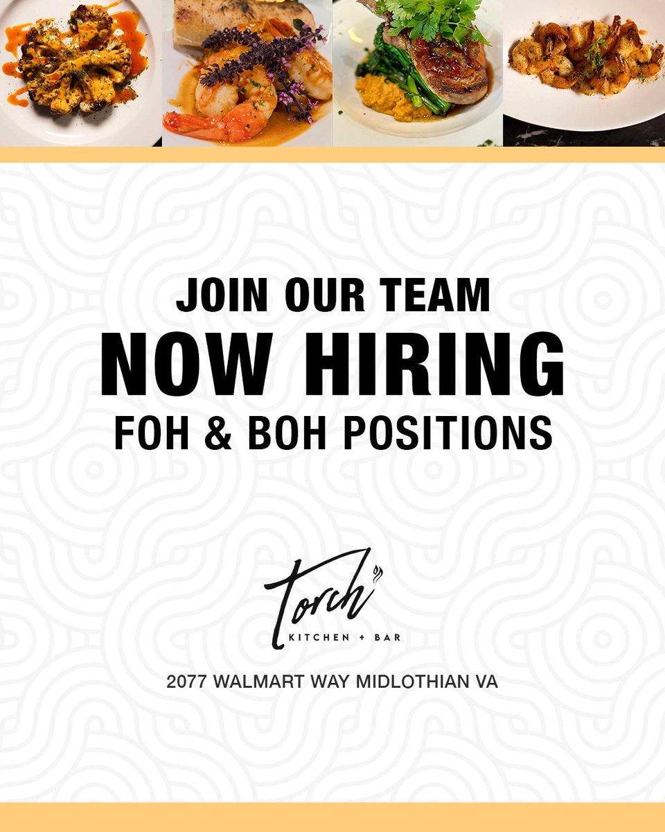 Torch Kitchen + Bar (@torch_rva) on Twitter photo 🚨 NOW HIRING 🚨 (Linecooks, Dishwasher, Host, Server/Bartende & Food Runner) Apply today torchrva.com or send us your resume with position of interest to torchkitchenrva@gmail.com #TorchRVA🔥 #JobOpportunity #RVAJobs #ChesterfieldCounty #MidlothianVA #NowHiring 🚨 NOW HIRING 🚨 (Linecooks, Dishwasher, Host, Server/Bartende & Food Runner) Apply today torchrva.com or send us your resume with position of interest to torchkitchenrva@gmail.com #TorchRVA🔥 #JobOpportunity #RVAJobs #ChesterfieldCounty #MidlothianVA #NowHiring