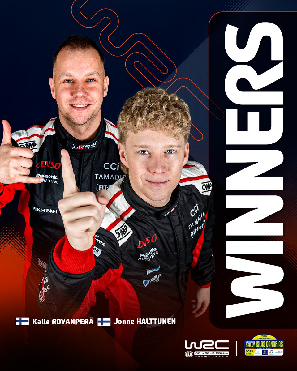OfficialWRC's tweet photo. Statement made. 🇫🇮 Rovanperä and Halttunen control Rally Islas Canarias from the very first stage — first win in 7 months, and they're back in the hunt! 🏆

#WRC | #RallyIslasCanarias 🇮🇨 https://t.co/2Wr66rOOuI
