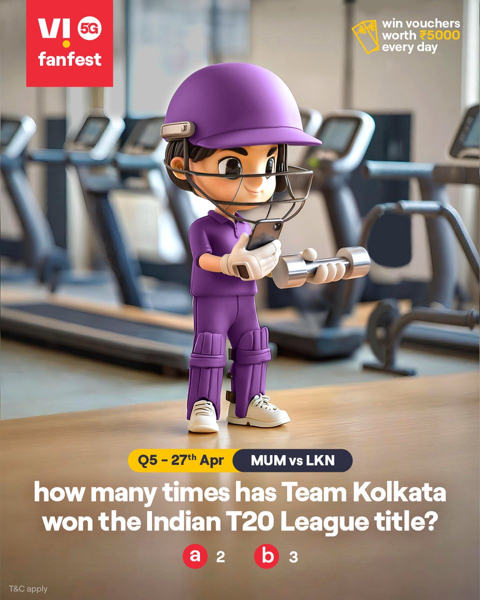 ViCustomerCare's tweet photo. Cricky is testing your cricket IQ 🏏💡
Comment #Vi5Gfanfest with the right answers to all 5 questions today and stand a chance to win vouchers worth ₹5,000 🎟️✨🏆
.
.
#ChallengeAlert #WinPrizes #Quiz #ParticipateAndWin #MUMvsLKN #Mumbai #Lucknow https://t.co/2hJNghL2KY