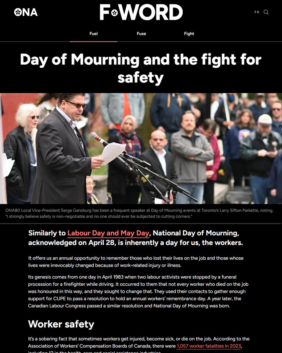 Ontario Nurses' Association (@ontarionurses) on Twitter photo Tomorrow, Monday, April 28, is the National Day of Mourning.
It offers us an annual opportunity to remember those who lost their lives on the job and those whose lives were irrevocably changed because of work-related injury or illness. 
More: onamag.org/fuel/solidarit… Tomorrow, Monday, April 28, is the National Day of Mourning.
It offers us an annual opportunity to remember those who lost their lives on the job and those whose lives were irrevocably changed because of work-related injury or illness. 
More: onamag.org/fuel/solidarit…