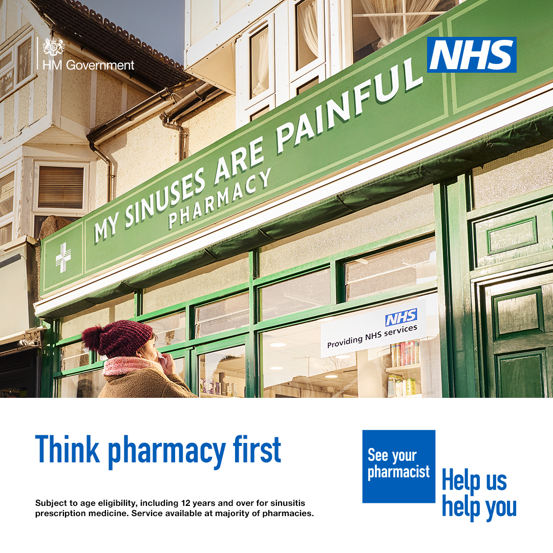 Sinusitis? If needed, your pharmacist can now provide some prescription medicine without seeing a GP.

Think pharmacy first.

nhs.uk/thinkpharmacyf…