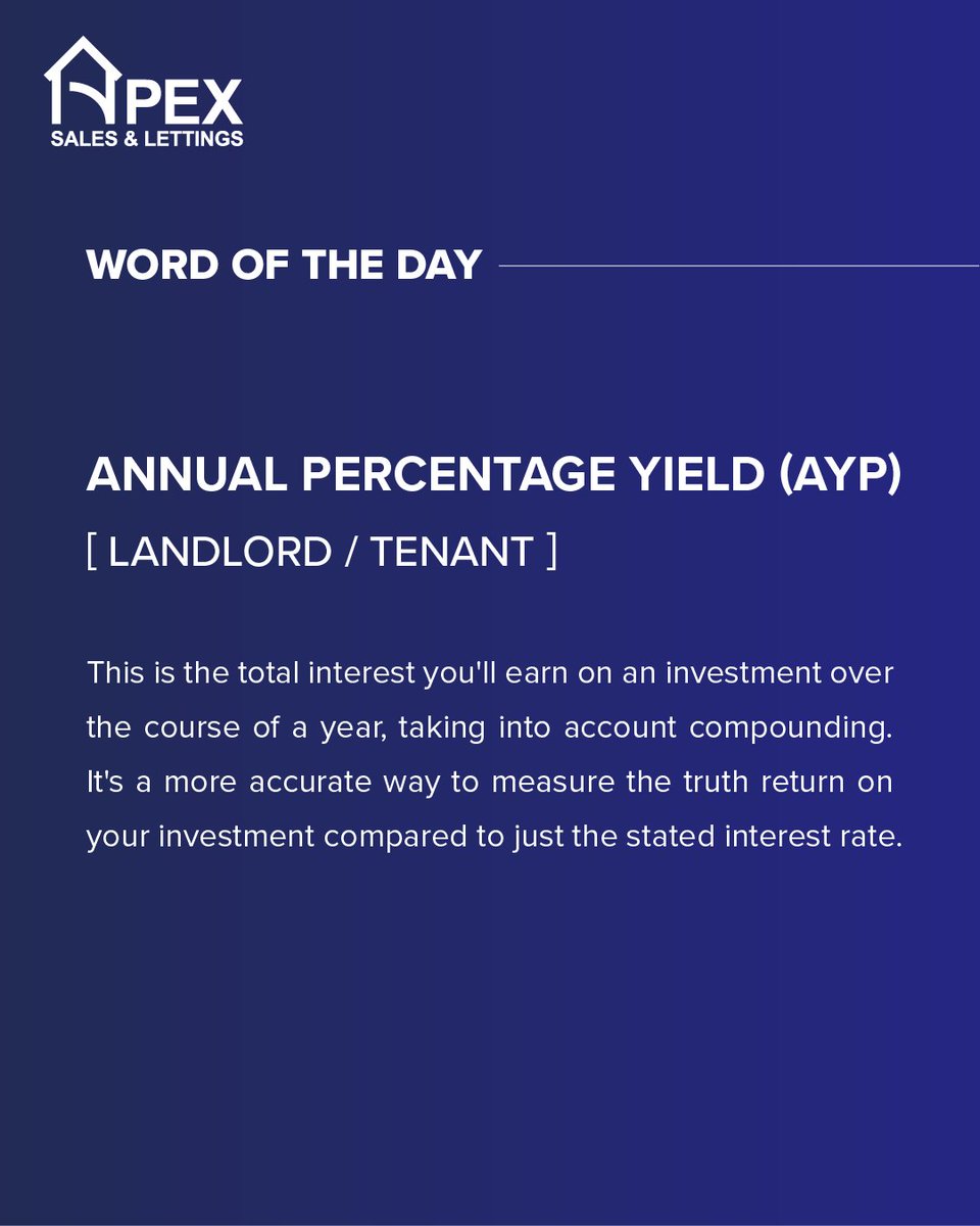 apex_lettings's tweet image. Word of the Day: Annual Percentage Yield (APY)
APY is a key figure to consider when evaluating investments, particularly in property.

Looking to invest or grow your property portfolio? Contact us today!
📞 0121 532 2700
📧 info@lettingsbyapex.com