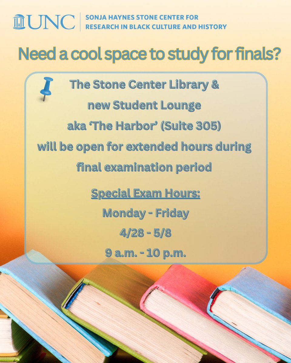 Looking for a chill spot to study? ✍️ Starting tomorrow, the Stone Center Library and the new student lounge, The Harbor (Suite 305) will be open for extended hours throughout the final exam period. Wishing you the best—you’ve got this! 👍
#SonjaHaynesStoneCenter #UNCStoneCenter