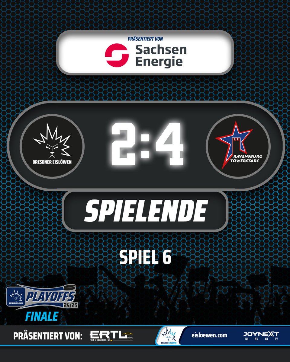 Es bedarf Spiel 7: wir unterliegen den Towerstars Zuhause mit 2:4, somit kommt es zum alles entscheidenden Spiel am Dienstag in Ravensburg. Unsere Tore erzielten Fox und Turnbull.

#EislöwenRudel #DresdnerEislöwen #DREvsRVT