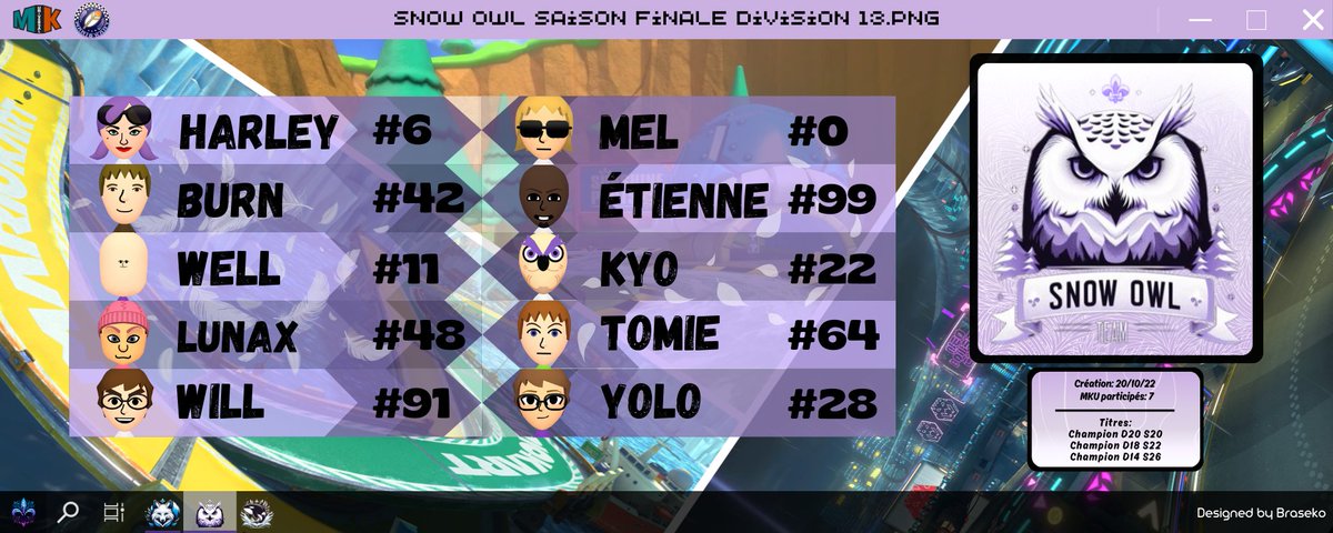 || MKU Saison Finale - Snow Owl 🦉||

Notre équipe la plus titrée, se dirige sur sa 8e saison vers la division 13 afin de ramener la coupe à la maison. 💪😼