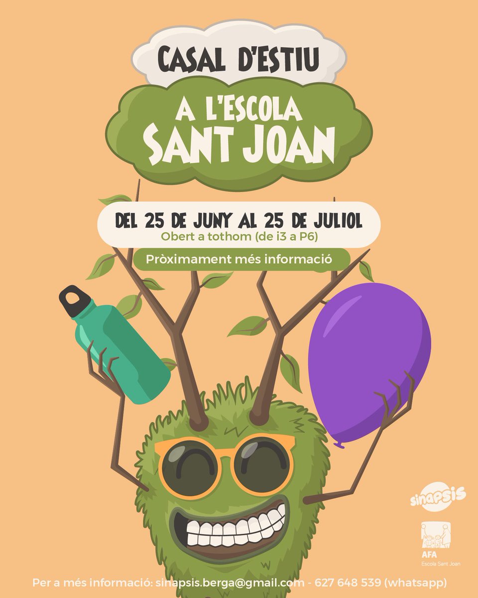 SinapsisBerga's tweet photo. 💥Famílies, us anunciem que després de l’èxit de l’any passat, tornem a fer el casal d’estiu a l’@escolasantjoan‼️

 🤗 Obert a tots els nens i nenes de qualsevol escola que hagin cursat d’i3 a P6.

Pròximament més informació, fins aviat 😎

#CasalEstiu #Berga https://t.co/AGmWMtsckc