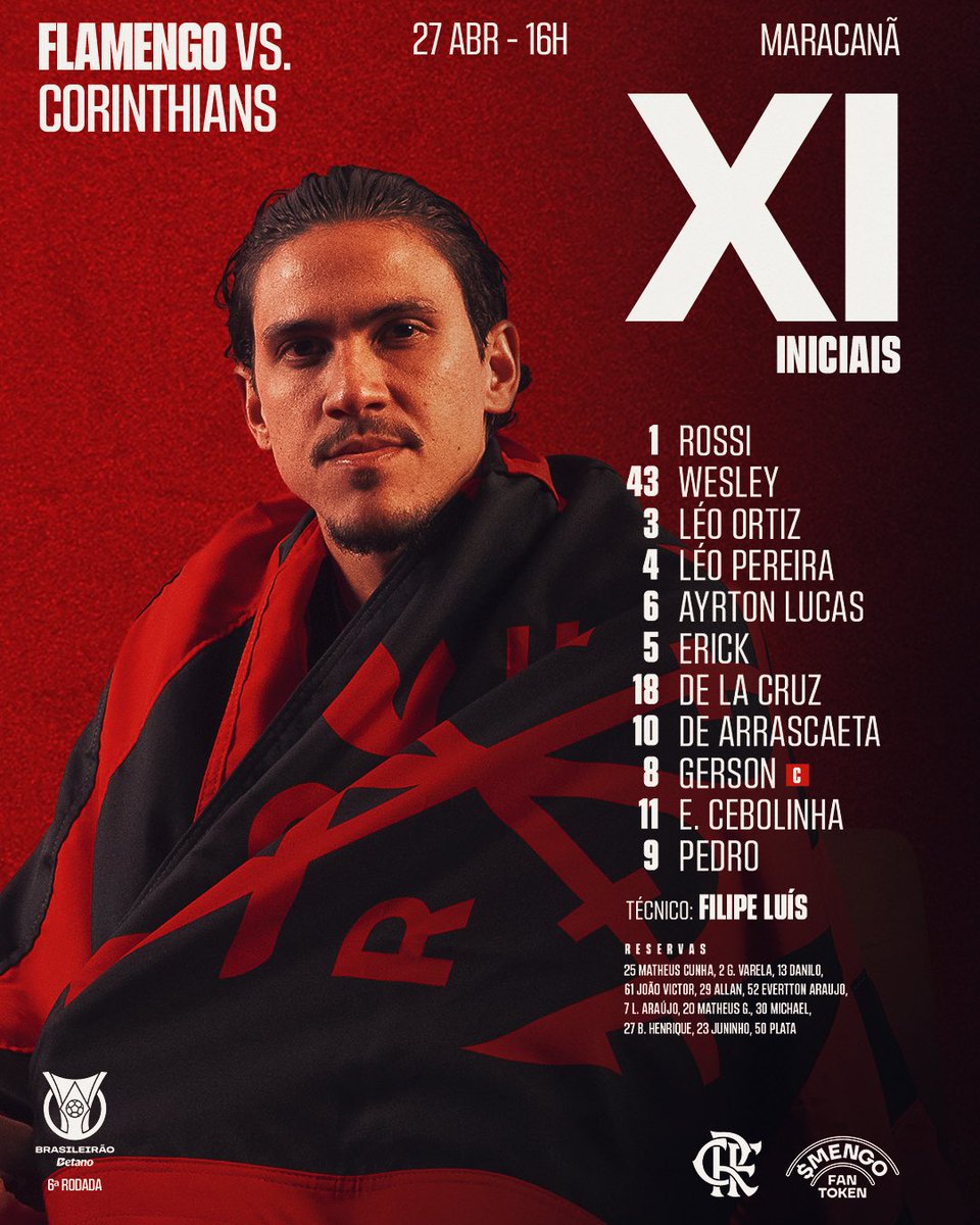 NOSSO TIME É A GENTE EM CAMPO! O Mengão está escalado para enfrentar o Corinthians, pelo Brasileirão! 

#FLAxCOR #VamosFlamengo