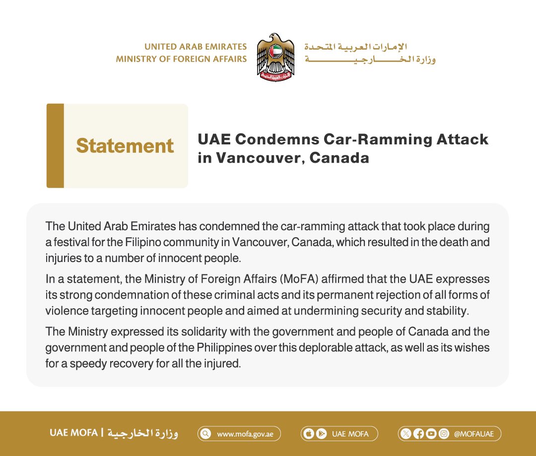 UAE Condemns Car-Ramming Attack in Vancouver, Canada

mofa.gov.ae/en/mediahub/ne…