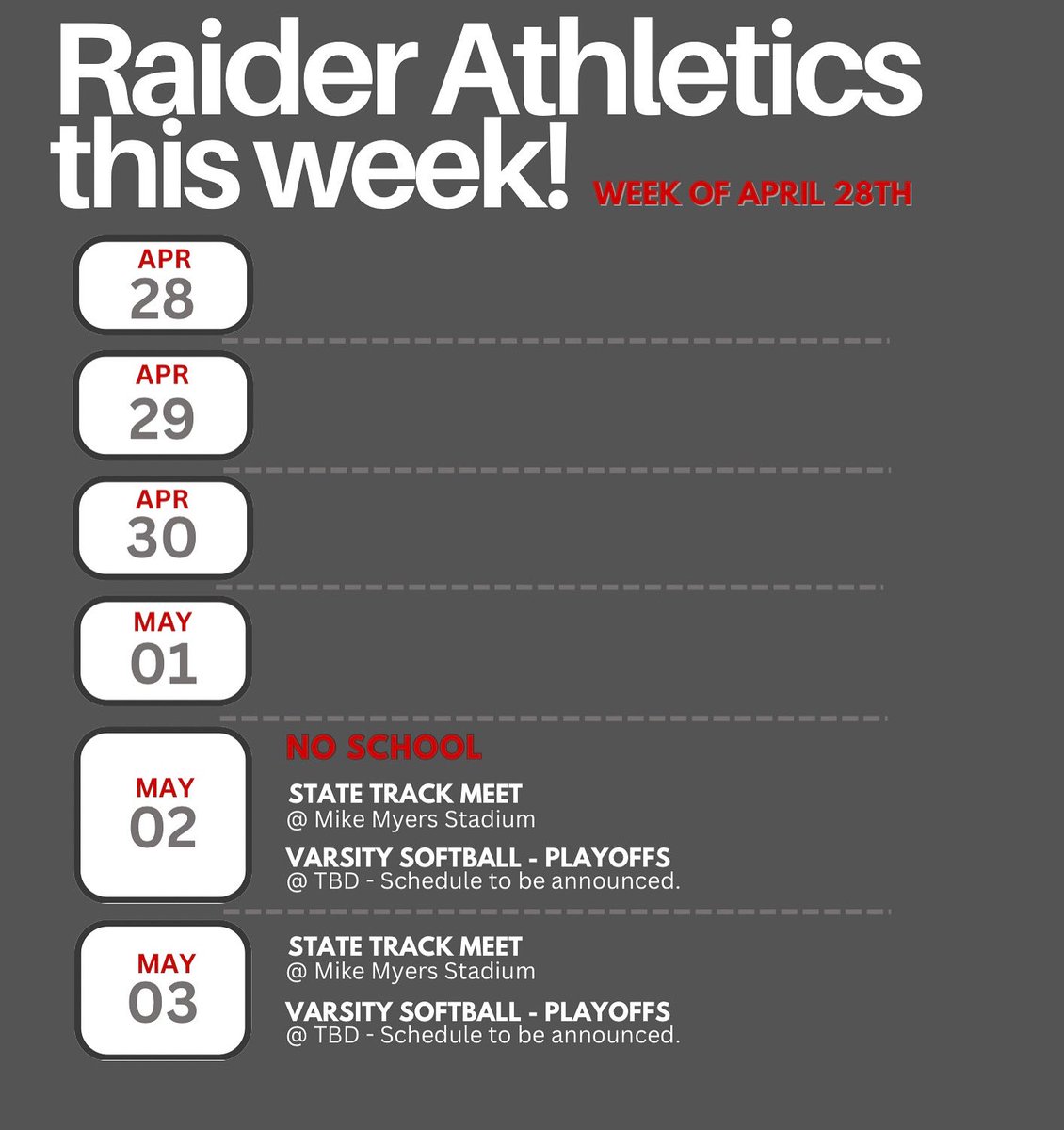 Raider Athletics this week 4/28-5/3!! ❤️🤍🩶
(Softball playoff games have not been confirmed/announced, we will share the information once it is released.)