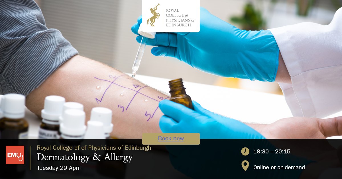 There’s still time to book our Evening Medical Update on Dermatology &amp; Allergy on 29 April. Book by 29 April to be able to watch live or catch-up at your convenience for up to 28 days following the original broadcast. More info and booking: rcpe.ac.uk/events/dermato… #rcpeEMU