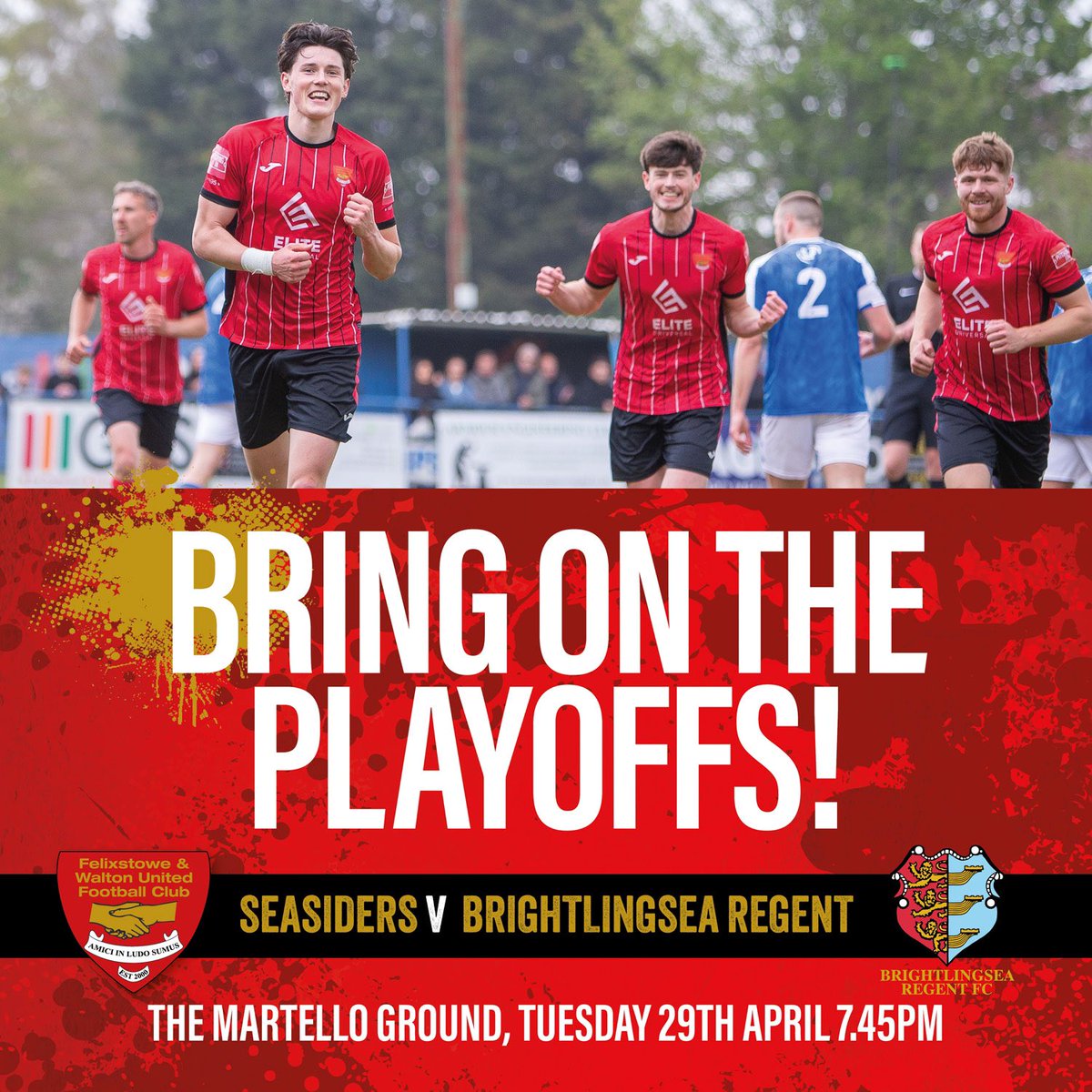 BRING ON THE PLAYOFFS!

Felixstowe &amp; Walton United vs Brightlingsea Regent
Playoff Semi-Final | Tues 29th April | 7.45pm | The Martello Ground

As a thank you, a reward, and to encourage the Seasiders of the future, the first team squad, Stuart Boardley and Tony Barnes are