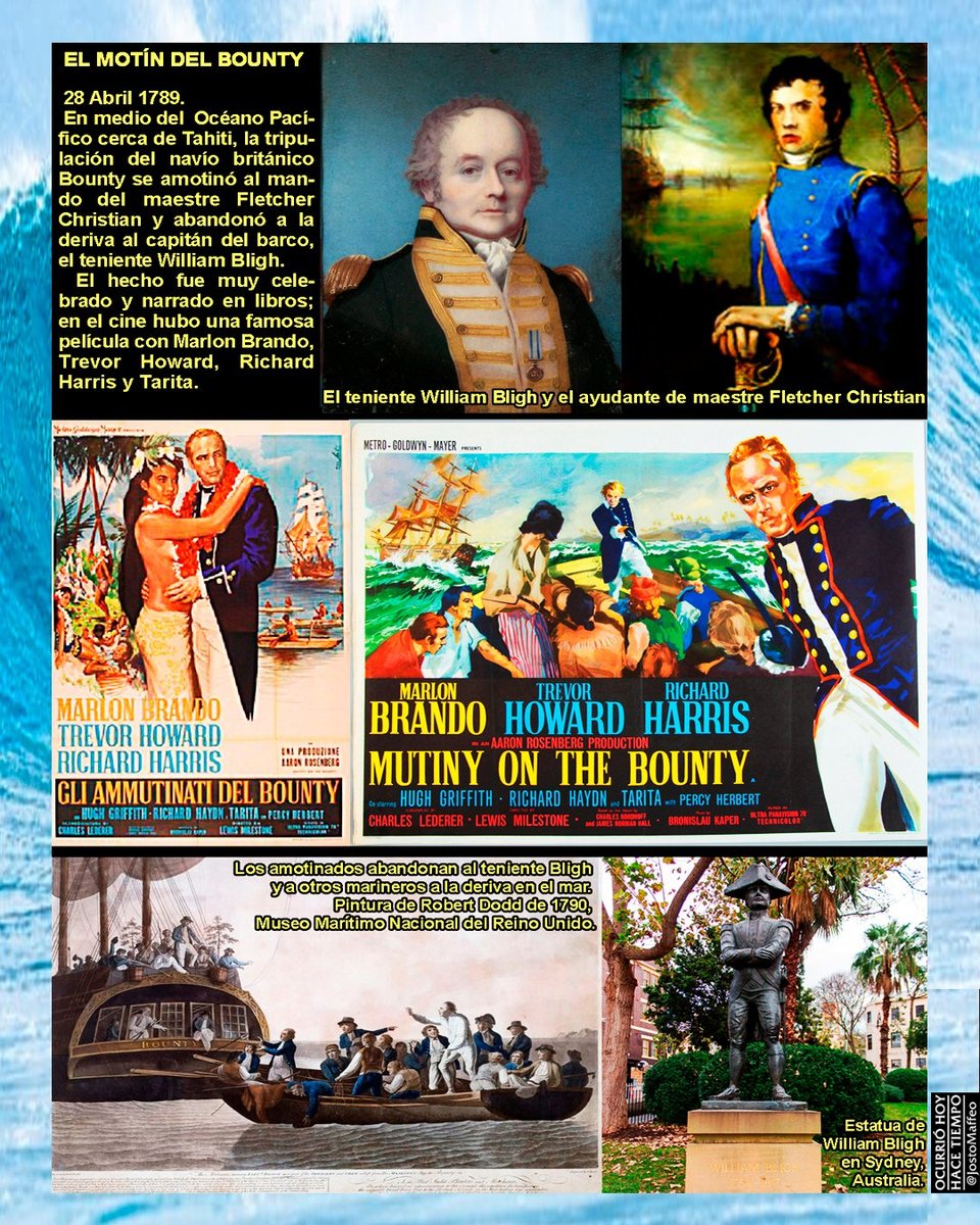 JostoMaffeo's tweet photo. ⛵⚔️ EL MOTÍN DEL BOUNTY 🎞️
28 Abril 1789. En el #Pacífico cerca de #Tahiti, la tripulación del navío británico #Bounty se amotina al mando del maestre Fletcher #Christian y abandona a la deriva al capitán William #Bligh.
Se ha narrado en libros. En cine, con Marlon #Brando. https://t.co/3LsBskumia