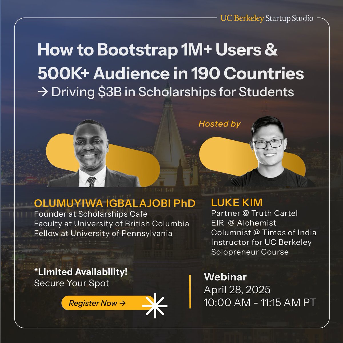 🚀 Meet Dr. Olumuyiwa Igbalajobi, Ph.D. <a href="/olumuyiwaayo/">Olumuyiwa Igbalajobi, Ph.D</a> (<a href="/Scholarshipscaf/">Scholarships Cafe</a>): #EdTech solopreneur who scaled to 1M+ users in 190 countries—bootstrapped, 0 funding.

💡 Live Q&amp;A: 4/28 | 10-11:15 AM PT
Hosted by <a href="/klukekim/">K. Luke Kim</a>(<a href="/AlchemistAcc/">AlchemistAccelerator</a>)

Free, limited seats → hubs.li/Q03j--WZ0
