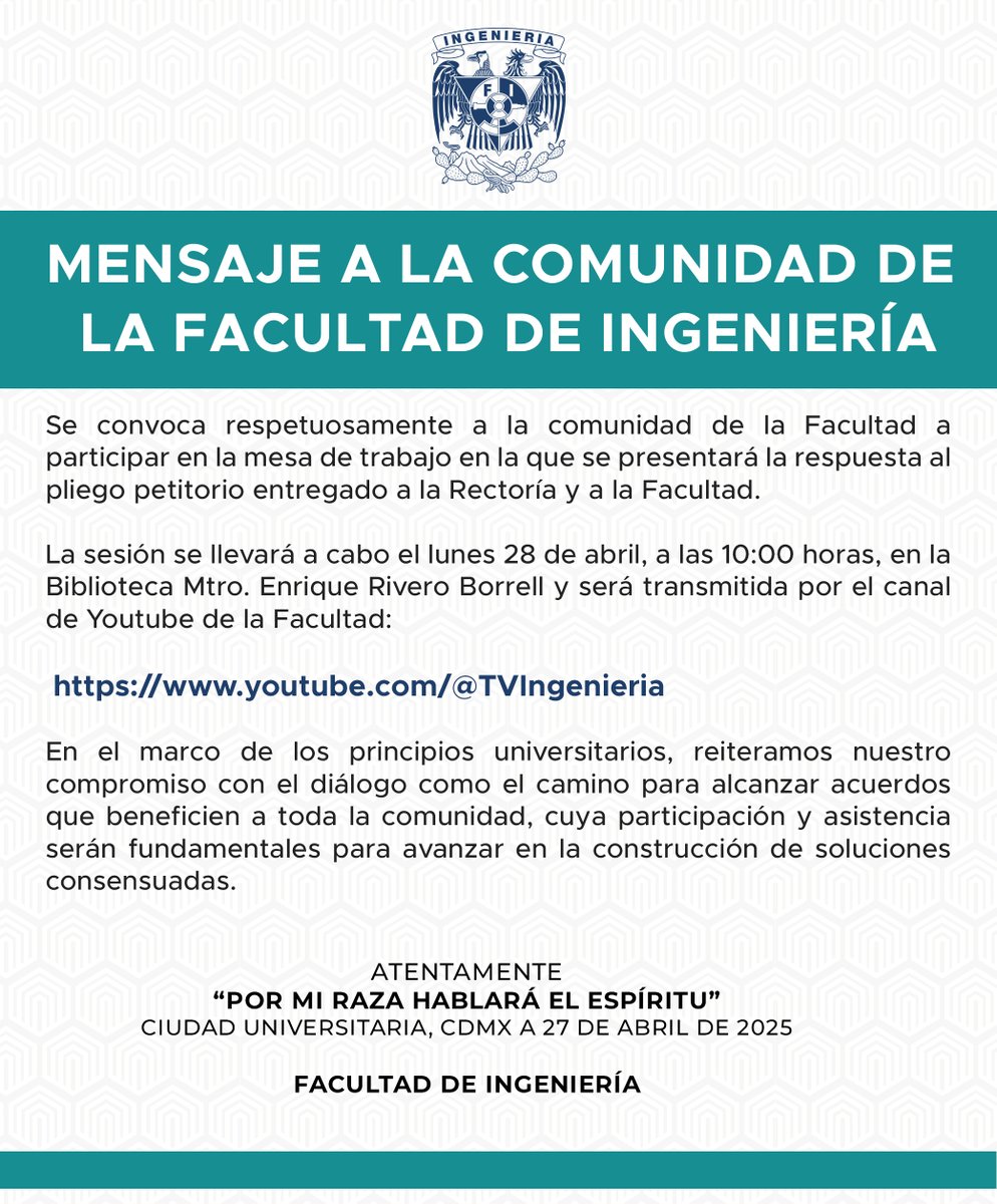 Ingeniería UNAM (@fiunam_mx) on Twitter photo Mensaje a la comunidad de la Facultad de Ingeniería
Link del canal de Youtube institucional: youtube.com/@TVIngenieria
<a href="/die_fi_unam/">División de Ingeniería Eléctrica</a> <a href="/DICT_FIUNAM/">División de Ingeniería en Ciencias de la Tierra</a> <a href="/dicyg/">DICyG - FI</a> <a href="/DIMEIFIUNAM/">DIMEIFIUNAM</a> <a href="/uatUnam/">Unidad de Alta Tecnología</a> <a href="/SocialesyHum_FI/">DCSyH FI UNAM</a> Mensaje a la comunidad de la Facultad de Ingeniería
Link del canal de Youtube institucional: youtube.com/@TVIngenieria
<a href="/die_fi_unam/">División de Ingeniería Eléctrica</a> <a href="/DICT_FIUNAM/">División de Ingeniería en Ciencias de la Tierra</a> <a href="/dicyg/">DICyG - FI</a> <a href="/DIMEIFIUNAM/">DIMEIFIUNAM</a> <a href="/uatUnam/">Unidad de Alta Tecnología</a> <a href="/SocialesyHum_FI/">DCSyH FI UNAM</a>
