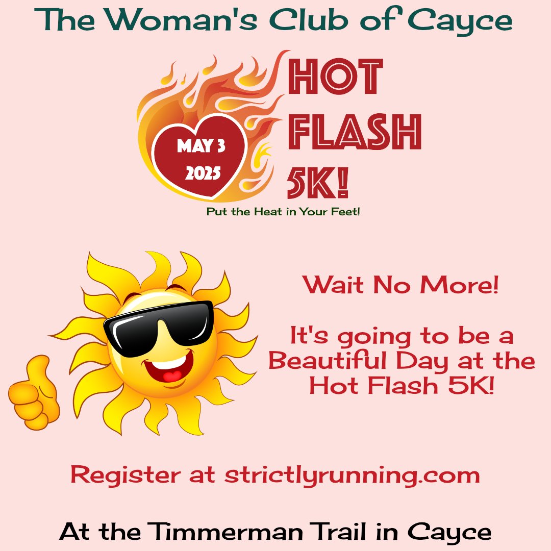 A beautiful day, a flat race course, an awesome finisher medals and a cool t-shirt - what else could you ask for in a 5K race??

Come have fun with us on May 3 at the Timmerman Trail at 8:30am.  Register at strictlyrunning.com!

#TimeforahotflashinCayce