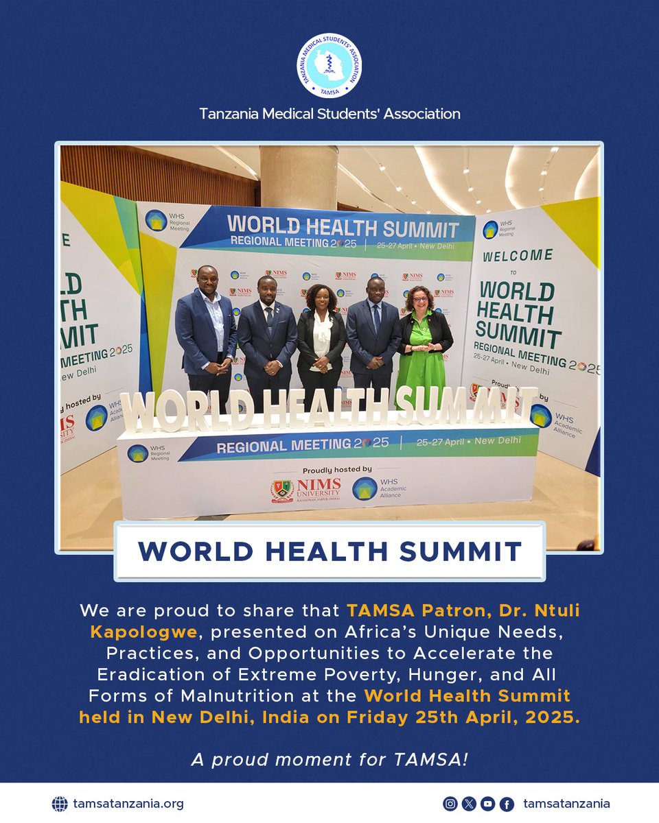 TAMSA Tanzania (@tamsatanzania) on Twitter photo Proud Moment for TAMSA!
Our Patron,Dr. Ntuli Kapologwe, presented on Africa’s Unique Needs, Practices, and Opportunities to Eradicate Extreme Poverty, Hunger, and Malnutrition at the World Health Summit in New Delhi on 25th April, 2025.
#tamsatanzania
<a href="/ntulikapologwe/">Ntuli Kapologwe</a> Proud Moment for TAMSA!
Our Patron,Dr. Ntuli Kapologwe, presented on Africa’s Unique Needs, Practices, and Opportunities to Eradicate Extreme Poverty, Hunger, and Malnutrition at the World Health Summit in New Delhi on 25th April, 2025.
#tamsatanzania
<a href="/ntulikapologwe/">Ntuli Kapologwe</a>