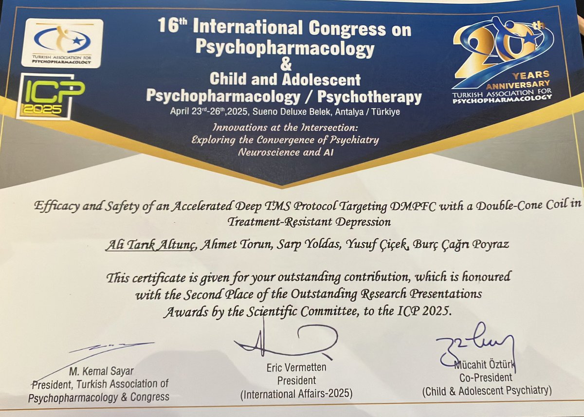 16. Psikofarmakoloji Kongresinde sunduğum sözel bildiri, bilimsel komite tarafından ikincilik ödülüne layık görüldü. Tez danışmanım Prof. Dr. Burç Çağrı Poyraz’a ve çalışma ekibimize çok teşekkür ederim. Ayrılık vakti yaklaşırken Cerrahpaşa Psikiyatri’ye son bir teselli hatırası