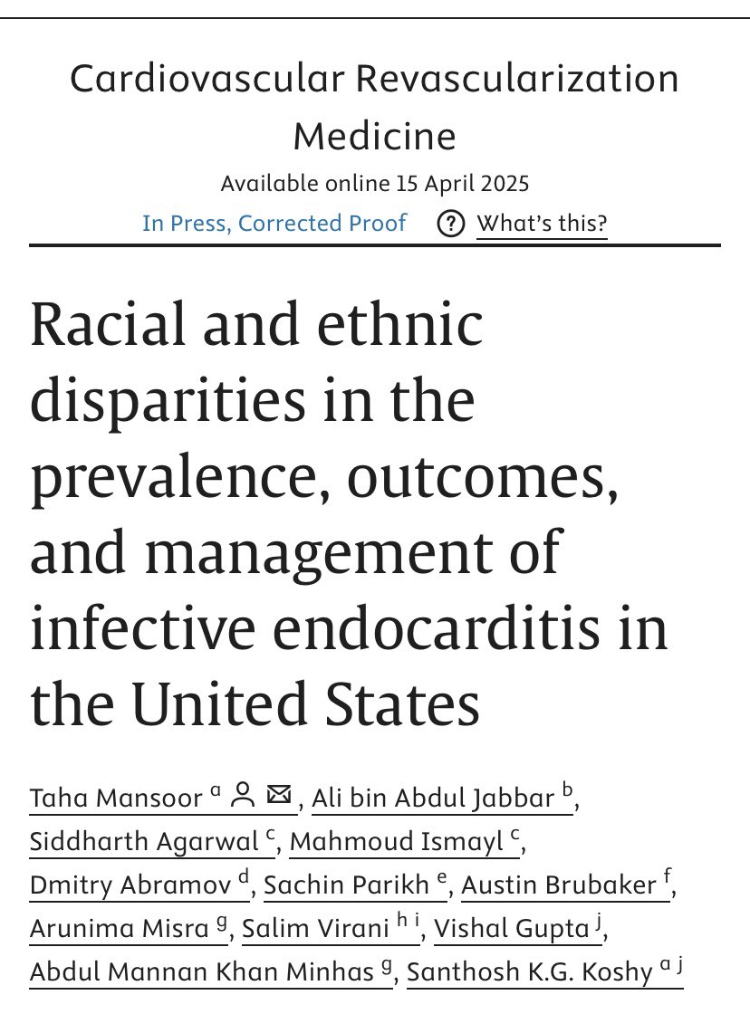 Taha Mansoor (@tahamansoor95) on Twitter photo Pleased to share our new paper on racial/ethnic disparities in infective endocarditis in the US 🫀
🔗: doi.org/10.1016/j.carr…
<a href="/AbdulMannan5465/">Abdul Mannan Khan Minhas</a> <a href="/SidAgarwalMBBS/">Siddharth Agarwal (he/him)</a> <a href="/Mahmoud_Ismayl/">Mahmoud Ismayl, M.D.</a> <a href="/virani_md/">Salim Virani</a> <a href="/SachinParikhMD/">Sachin Parikh</a> <a href="/arunima_misra/">Arunima Misra</a> <a href="/DmitryAbramovMD/">Dmitry Abramov</a> Pleased to share our new paper on racial/ethnic disparities in infective endocarditis in the US 🫀
🔗: doi.org/10.1016/j.carr…
<a href="/AbdulMannan5465/">Abdul Mannan Khan Minhas</a> <a href="/SidAgarwalMBBS/">Siddharth Agarwal (he/him)</a> <a href="/Mahmoud_Ismayl/">Mahmoud Ismayl, M.D.</a> <a href="/virani_md/">Salim Virani</a> <a href="/SachinParikhMD/">Sachin Parikh</a> <a href="/arunima_misra/">Arunima Misra</a> <a href="/DmitryAbramovMD/">Dmitry Abramov</a>